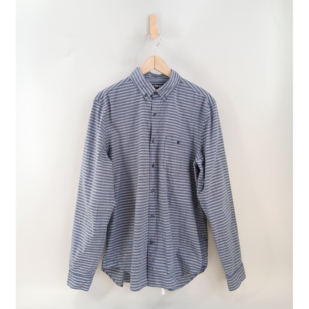 Express Button Down Shirt Mens Large L Blue White Striped Cotton Casual Business